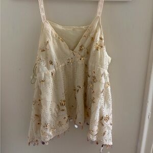 Free People Cream Sequin & Bead Embellished Spaghetti Strap Tank